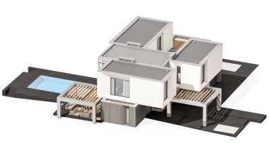 Satılık ve Kiralık garaj ile nehrin yanında modern rahat ev 3D render. Beyaz izole.