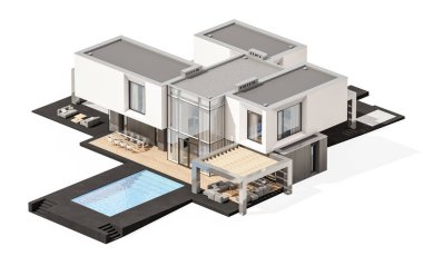 Satılık ve Kiralık garaj ile nehrin yanında modern rahat ev 3D render. Beyaz izole.