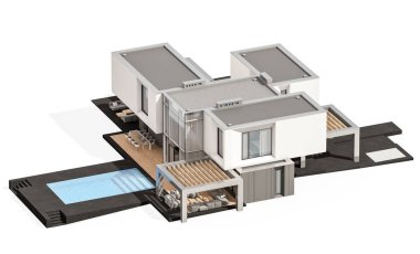 Satılık ve Kiralık garaj ile nehrin yanında modern rahat ev 3D render. Beyaz izole.