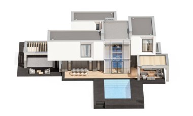 Satılık ve Kiralık garaj ile nehrin yanında modern rahat ev 3D render. Beyaz izole.