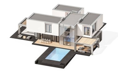 Satılık ve Kiralık garaj ile nehrin yanında modern rahat ev 3D render. Beyaz izole.