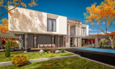 Satılık garaj ile bahçe veya arka plan üzerinde güzel ağaçlar ile kira modern rahat evde 3D render. Bulutsuz gökyüzü ile açık güneşli sonbahar günü.