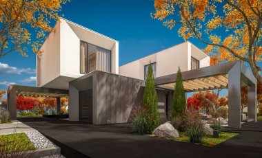 Satılık garaj ile bahçe veya arka plan üzerinde güzel ağaçlar ile kira modern rahat evde 3D render. Bulutsuz gökyüzü ile açık güneşli sonbahar günü.