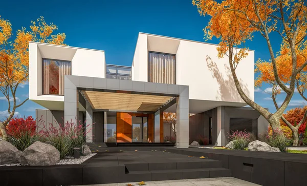 Renderização Moderna Casa Acolhedora Jardim Com Garagem Para Venda Aluguel — Fotografia de Stock