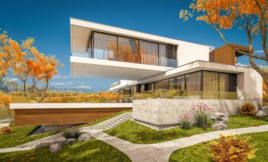 modern rahat ev Satılık garaj ile nehir veya arka plan üzerinde güzel dağları ile kira 3D render. Bulutsuz gökyüzü ile açık güneşli sonbahar günü.