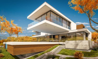 modern rahat ev Satılık garaj ile nehir veya arka plan üzerinde güzel dağları ile kira 3D render. Bulutsuz gökyüzü ile açık güneşli sonbahar günü.