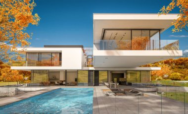 modern rahat ev Satılık garaj ile nehir veya arka plan üzerinde güzel dağları ile kira 3D render. Bulutsuz gökyüzü ile açık güneşli sonbahar günü.