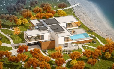 modern rahat ev Satılık garaj ile nehir veya arka plan üzerinde güzel dağları ile kira 3D render. Bulutsuz gökyüzü ile açık güneşli sonbahar günü.