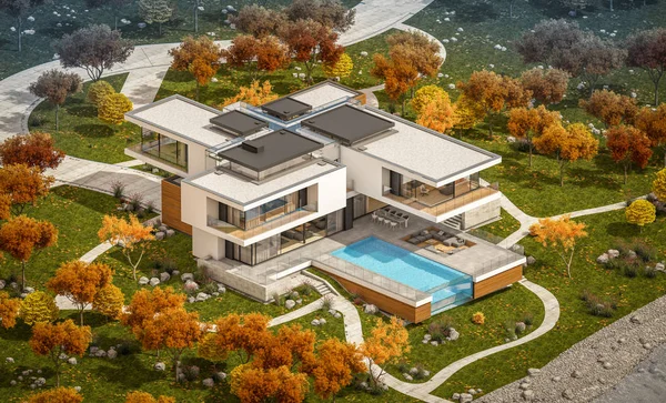 Rendering Von Modernen Gemütlichen Haus Fluss Mit Garage Zum Verkauf — Stockfoto