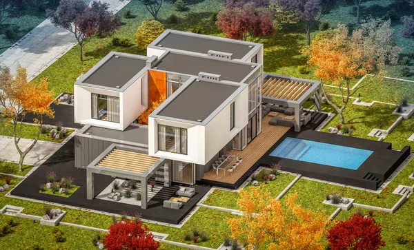 Rendering Von Modernen Gemütlichen Haus Garten Mit Garage Zum Verkauf — Stockfoto