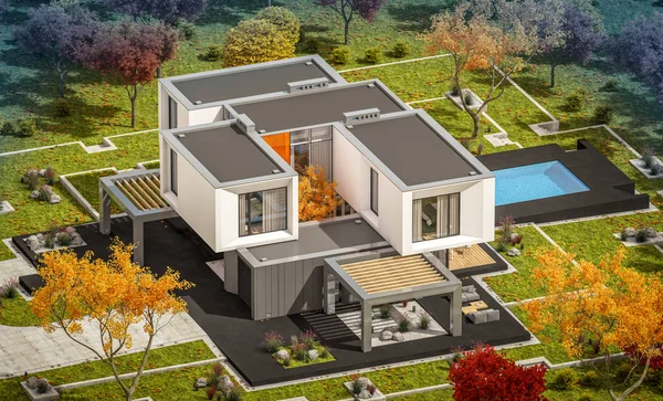 Rendering Von Modernen Gemütlichen Haus Garten Mit Garage Zum Verkauf — Stockfoto