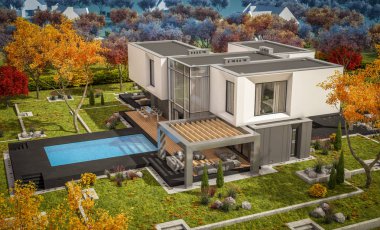 Satılık garaj ile bahçe veya arka plan üzerinde güzel ağaçlar ile kira modern rahat evde 3D render. Bulutsuz gökyüzü ile açık güneşli sonbahar günü.