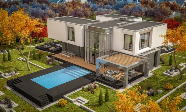 Rendering Von Modernen Gemütlichen Haus Garten Mit Garage Zum Verkauf — Stockfoto