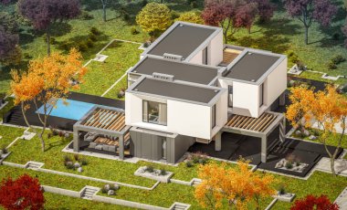 Satılık garaj ile bahçe veya arka plan üzerinde güzel ağaçlar ile kira modern rahat evde 3D render. Bulutsuz gökyüzü ile açık güneşli sonbahar günü.