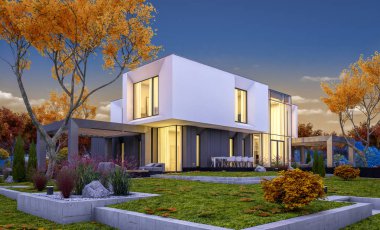 Satılık garaj ile bahçe veya arka plan üzerinde güzel ağaçlar ile kira modern rahat evde 3D render. Yumuşak ışık--dan pencere eşiği ile serin sonbahar akşam.