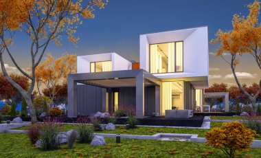 Satılık garaj ile bahçe veya arka plan üzerinde güzel ağaçlar ile kira modern rahat evde 3D render. Yumuşak ışık--dan pencere eşiği ile serin sonbahar akşam.