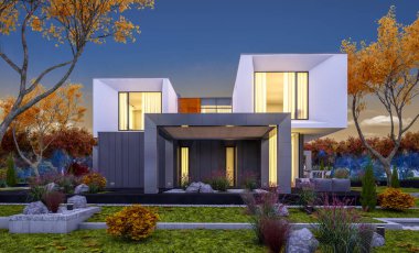 Satılık garaj ile bahçe veya arka plan üzerinde güzel ağaçlar ile kira modern rahat evde 3D render. Yumuşak ışık--dan pencere eşiği ile serin sonbahar akşam.