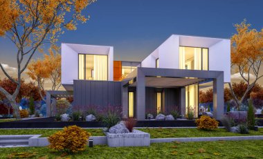 Satılık garaj ile bahçe veya arka plan üzerinde güzel ağaçlar ile kira modern rahat evde 3D render. Yumuşak ışık--dan pencere eşiği ile serin sonbahar akşam.