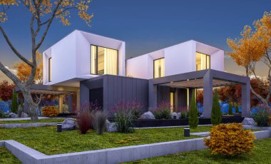 Satılık garaj ile bahçe veya arka plan üzerinde güzel ağaçlar ile kira modern rahat evde 3D render. Yumuşak ışık--dan pencere eşiği ile serin sonbahar akşam.