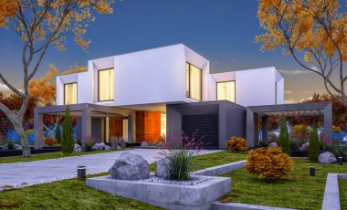 Satılık garaj ile bahçe veya arka plan üzerinde güzel ağaçlar ile kira modern rahat evde 3D render. Yumuşak ışık--dan pencere eşiği ile serin sonbahar akşam.