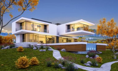 modern rahat ev Satılık garaj ile nehir veya arka plan üzerinde güzel dağları ile kira 3D render. Penceresinden yumuşak ışık ile serin sonbahar akşam.