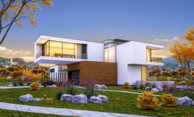 modern rahat ev Satılık garaj ile nehir veya arka plan üzerinde güzel dağları ile kira 3D render. Penceresinden yumuşak ışık ile serin sonbahar akşam.