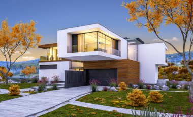 modern rahat ev Satılık garaj ile nehir veya arka plan üzerinde güzel dağları ile kira 3D render. Penceresinden yumuşak ışık ile serin sonbahar akşam.