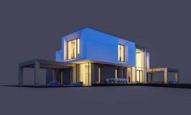 Satılık ve kiralık garaj ile nehrin yanında modern rahat ev 3D render. Penceresinden yumuşak ışık ile akşam ne yapıyorsun? Gri izole.