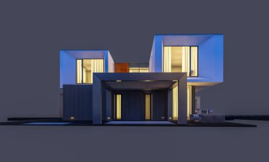 Satılık ve kiralık garaj ile nehrin yanında modern rahat ev 3D render. Penceresinden yumuşak ışık ile akşam ne yapıyorsun? Gri izole.