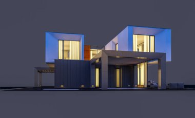 Satılık ve kiralık garaj ile nehrin yanında modern rahat ev 3D render. Penceresinden yumuşak ışık ile akşam ne yapıyorsun? Gri izole.