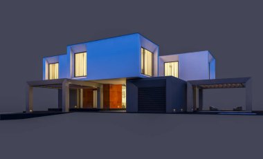 Satılık ve kiralık garaj ile nehrin yanında modern rahat ev 3D render. Penceresinden yumuşak ışık ile akşam ne yapıyorsun? Gri izole.