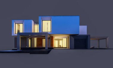Satılık ve kiralık garaj ile nehrin yanında modern rahat ev 3D render. Penceresinden yumuşak ışık ile akşam ne yapıyorsun? Gri izole.