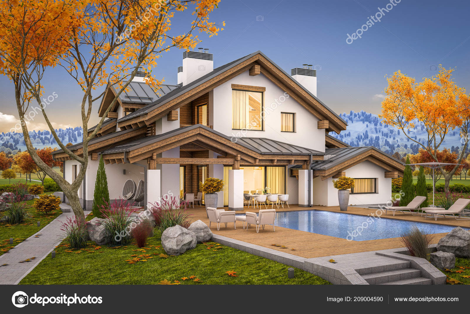 Rendering Modern Cozy House Chalet Style Garage Sale Rent Large
