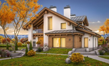 dağ evi tarzı ile garaj Satılık veya Kiralık geniş bahçe ve çim ile modern rahat evde 3D render. Penceresinden yumuşak ışık ile serin sonbahar akşam.