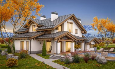 dağ evi tarzı ile garaj Satılık veya Kiralık geniş bahçe ve çim ile modern rahat evde 3D render. Penceresinden yumuşak ışık ile serin sonbahar akşam.