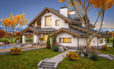 dağ evi tarzı ile garaj Satılık veya Kiralık geniş bahçe ve çim ile modern rahat evde 3D render. Penceresinden yumuşak ışık ile serin sonbahar akşam.