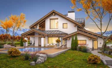 dağ evi tarzı ile garaj Satılık veya Kiralık geniş bahçe ve çim ile modern rahat evde 3D render. Penceresinden yumuşak ışık ile serin sonbahar akşam.