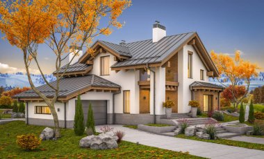 dağ evi tarzı ile garaj Satılık veya Kiralık geniş bahçe ve çim ile modern rahat evde 3D render. Penceresinden yumuşak ışık ile serin sonbahar akşam.