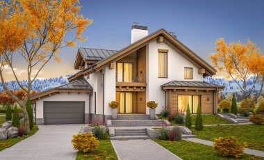 dağ evi tarzı ile garaj Satılık veya Kiralık geniş bahçe ve çim ile modern rahat evde 3D render. Penceresinden yumuşak ışık ile serin sonbahar akşam.
