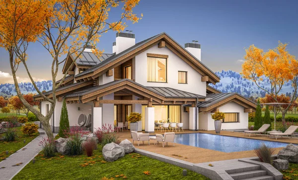 Rendering Von Modernen Gemütlichen Haus Chalet Stil Mit Garage Zum — Stockfoto