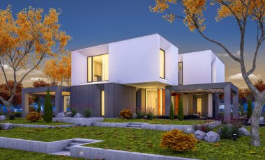 Satılık garaj ile bahçe veya arka plan üzerinde güzel ağaçlar ile kira modern rahat evde 3D render. Yumuşak ışık--dan pencere eşiği ile serin sonbahar akşam.