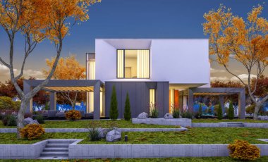 Satılık garaj ile bahçe veya arka plan üzerinde güzel ağaçlar ile kira modern rahat evde 3D render. Yumuşak ışık--dan pencere eşiği ile serin sonbahar akşam.