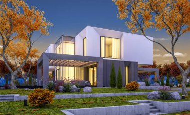 Satılık garaj ile bahçe veya arka plan üzerinde güzel ağaçlar ile kira modern rahat evde 3D render. Yumuşak ışık--dan pencere eşiği ile serin sonbahar akşam.