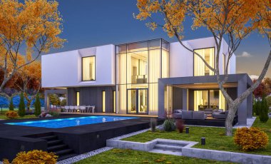 Satılık garaj ile bahçe veya arka plan üzerinde güzel ağaçlar ile kira modern rahat evde 3D render. Yumuşak ışık--dan pencere eşiği ile serin sonbahar akşam.