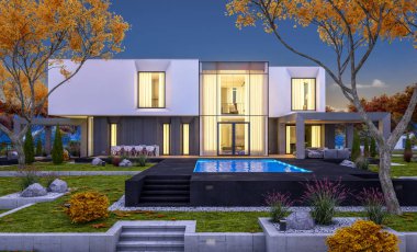 Satılık garaj ile bahçe veya arka plan üzerinde güzel ağaçlar ile kira modern rahat evde 3D render. Yumuşak ışık--dan pencere eşiği ile serin sonbahar akşam.