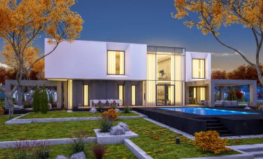 Satılık garaj ile bahçe veya arka plan üzerinde güzel ağaçlar ile kira modern rahat evde 3D render. Yumuşak ışık--dan pencere eşiği ile serin sonbahar akşam.