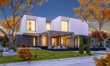 Satılık garaj ile bahçe veya arka plan üzerinde güzel ağaçlar ile kira modern rahat evde 3D render. Yumuşak ışık--dan pencere eşiği ile serin sonbahar akşam.