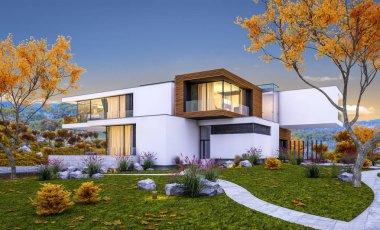 modern rahat ev Satılık garaj ile nehir veya arka plan üzerinde güzel dağları ile kira 3D render. Penceresinden yumuşak ışık ile serin sonbahar akşam.