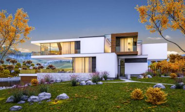 modern rahat ev Satılık garaj ile nehir veya arka plan üzerinde güzel dağları ile kira 3D render. Penceresinden yumuşak ışık ile serin sonbahar akşam.