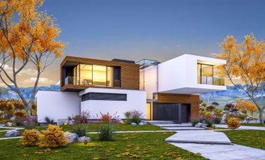 modern rahat ev Satılık garaj ile nehir veya arka plan üzerinde güzel dağları ile kira 3D render. Penceresinden yumuşak ışık ile serin sonbahar akşam.